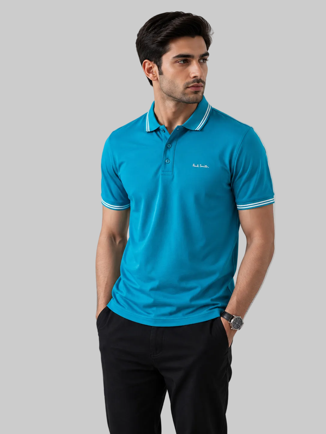 Half Sleeve Polo T-Shirt with White Stripe Collar & Cuff